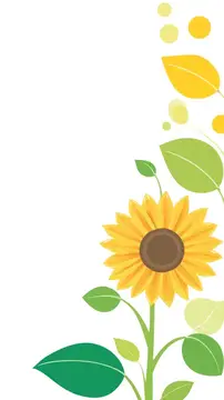 Иллюстрация с жёлтым подсолнухом и зелёными листьями на белом фоне