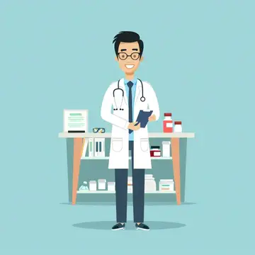 Улыбающийся азиатский врач с планшетом на фоне медицинского кабинета