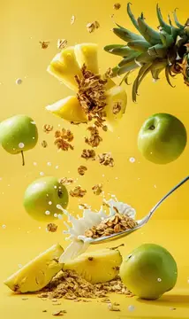 Летящие кусочки ананаса, зелёные яблоки и гранола с молоком на жёлтом фоне