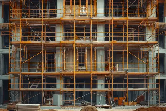 Строящееся здание в оранжевых строительных лесах