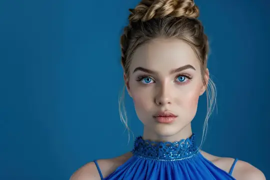 Потрясающая молодая женщина с завораживающими голубыми глазами и в элегантном голубом платье позирует на спокойном голубом фоне