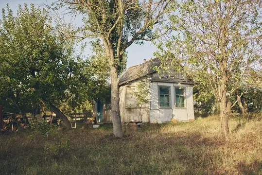 Белое здание рядом с деревьями на фоне природы, свежий воздух, сад, деревня, ферма