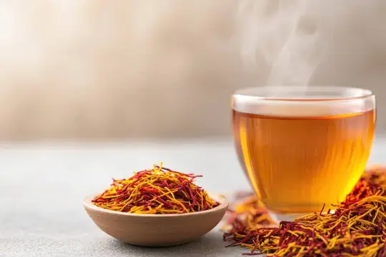Чашка горячего травяного чая с шафраном на сером столе