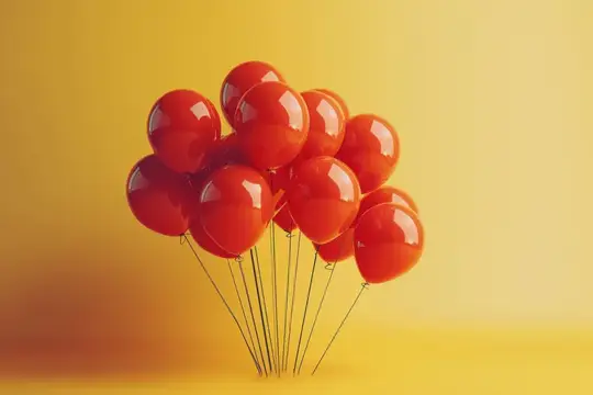 Яркие 3D-красные воздушные шары, парящие на солнечном желтом фоне, создающие жизнерадостную и праздничную атмосферу