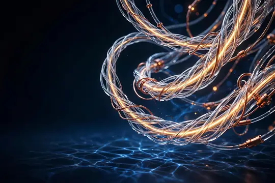 3D-рендер светящихся оптоволоконных кабелей на тёмном фоне