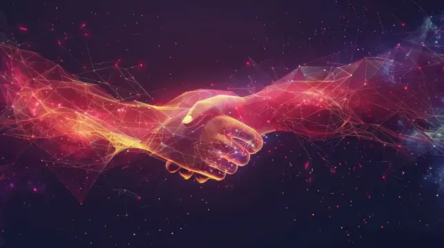 Абстрактное рукопожатие из светящихся линий на тёмном фоне