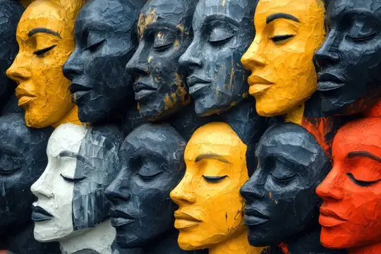 Это потрясающее настенное искусство демонстрирует вырезанные лица разных цветов, символизируя культурное разнообразие и единство