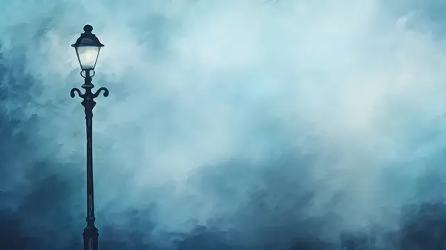 Иллюстрация с одиноким фонарём на фоне синего туманного неба