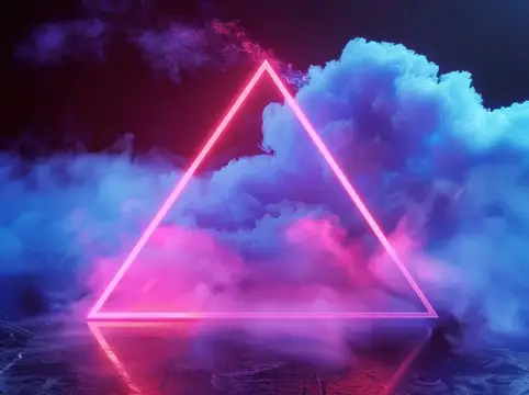 3D-рендер неонового треугольника в облаках дыма