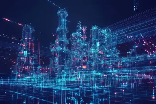 3D-рендер футуристического завода с неоновой подсветкой