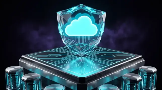 3D-рендер светящегося щита с облаком над микросхемой