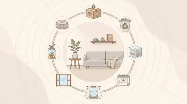 Иллюстрация с уютной гостиной в центре и иконками переработки по кругу