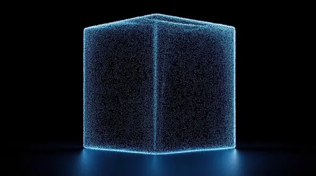 3D-рендер светящегося куба из синих частиц на чёрном фоне