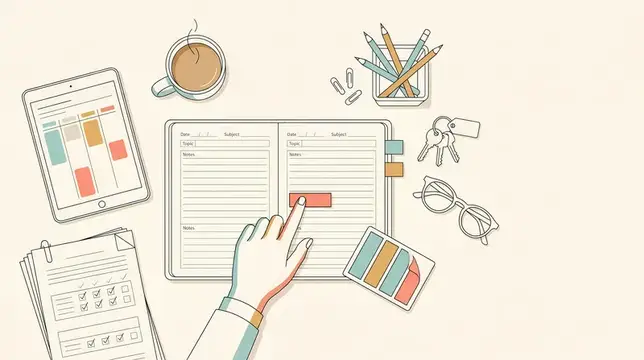 Иллюстрация рабочего стола с планером, планшетом и чашкой кофе