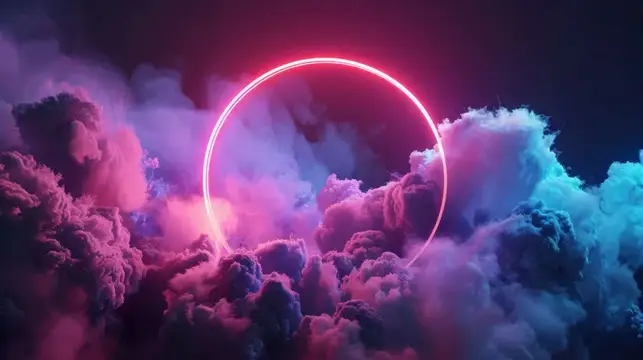 3D-рендер с розовым неоновым кольцом среди сиреневых облаков