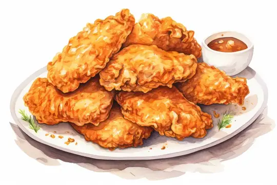 Акварельная иллюстрация тарелки с золотистой жареной курицей и соусом