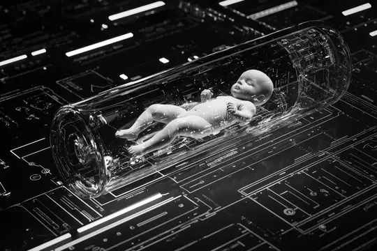 3D-рендер младенца в стеклянной капсуле на фоне микросхем