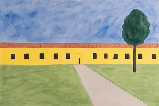 Рисунок с жёлтым зданием, одинокой фигурой и деревом
