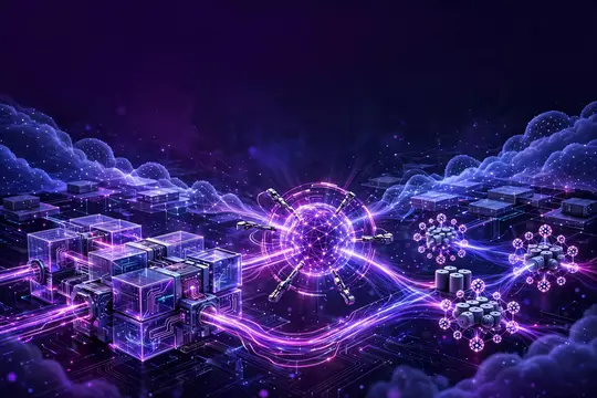 3D-рендер футуристической цифровой сети с светящимися кубами и облаками