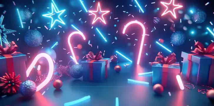 Яркая рождественская композиция с неоновыми огнями, леденцами и подарками на темном фоне, усыпанном сверкающими звездами и украшениями