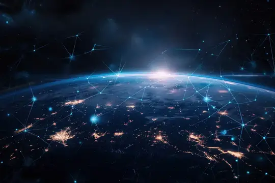 3D-рендер ночной Земли с сетью светящихся связей