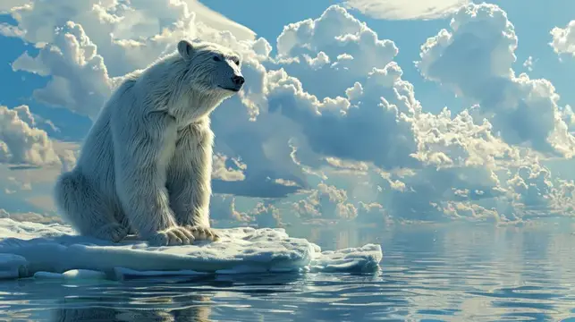Белый медведь сидит на льдине среди облаков над водой