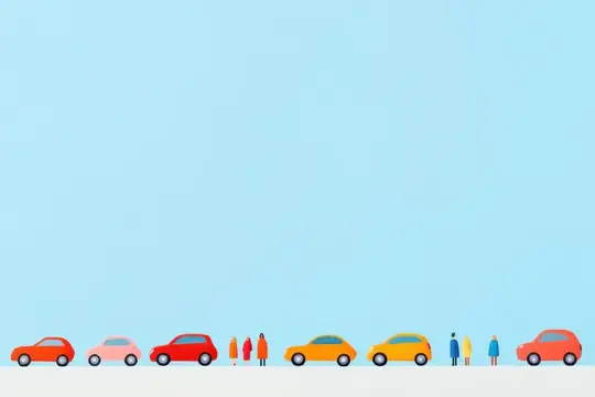 Яркая иллюстрация с разнообразными автомобилями и пешеходами на безмятежном пастельном фоне, подчеркивающая транспорт и городской образ жизни