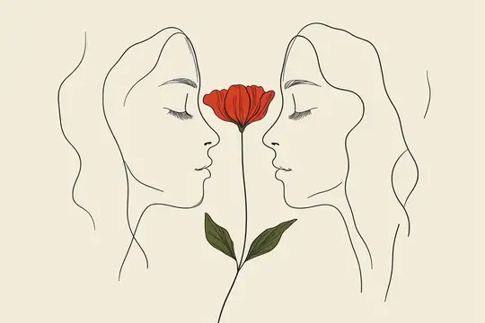 Линейная иллюстрация двух женских профилей с красным цветком между ними