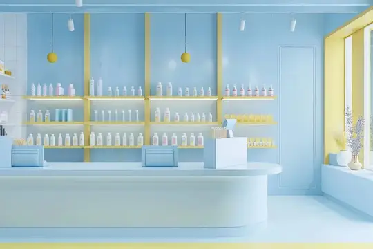 Светлый интерьер косметического магазина с полками флаконов и стойкой