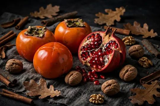 Спелые хурма и гранат с орехами и корицей на тёмном столе