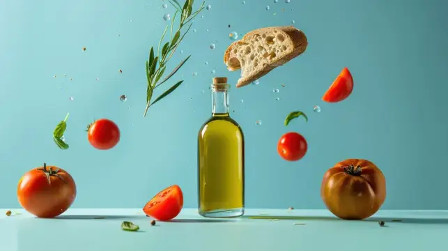 Бутылка оливкового масла в окружении летящего хлеба, спелых помидоров и свежих трав на светло-голубом фоне