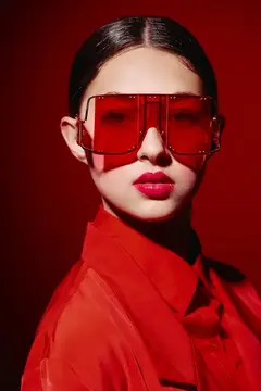 Азиатская девушка в красных очках и рубашке на красном фоне