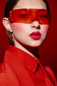 Азиатская девушка в красных очках и рубашке на красном фоне