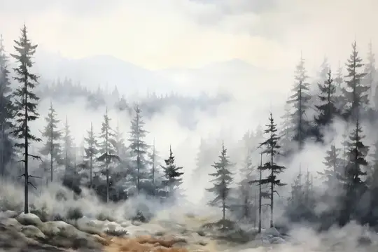 Акварельный пейзаж с хвойным лесом в густом тумане