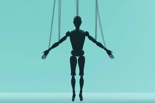 3D-рендер марионетки на нитях на бирюзовом фоне