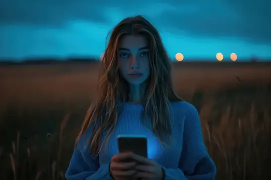 Молодая девушка со смартфоном в сумеречном поле