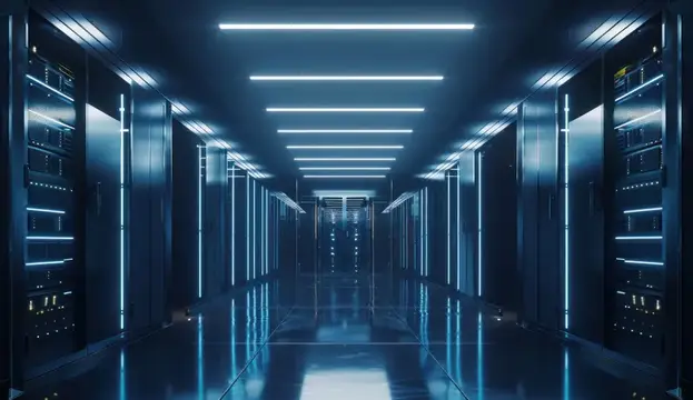 3D-рендер тёмного коридора дата-центра с серверными стойками
