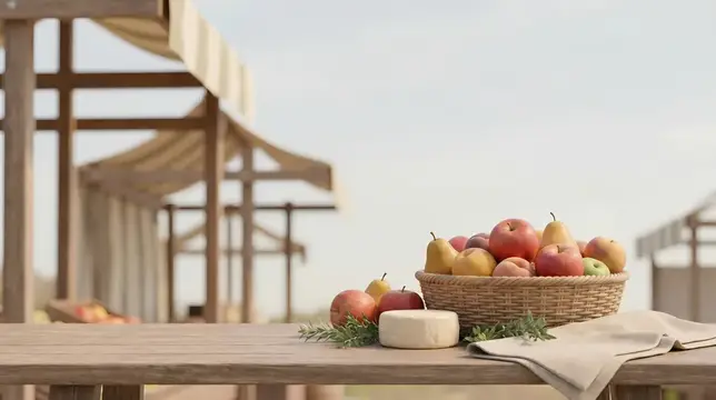 Мягкий матовый 3D-натюрморт: местные фрукты и региональные рыночные продукты, расположенные низко в кадре, со спокойным пространством сверху для текста