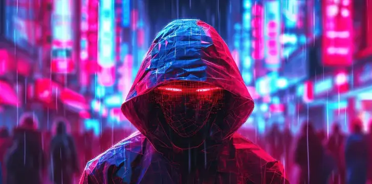 3D-рендер киберпанк-персонаж в капюшоне с неоновой маской на фоне ночного города