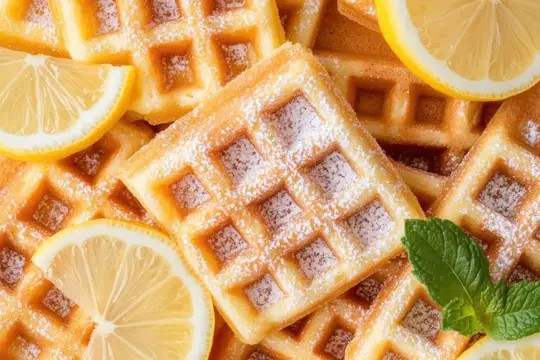 Золотистые вафли с ломтиками лимона и мятой