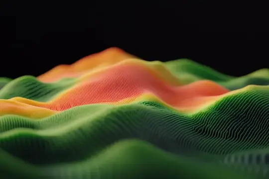 3D-рендер абстрактных волнистых холмов с зелёными и оранжевыми градиентами