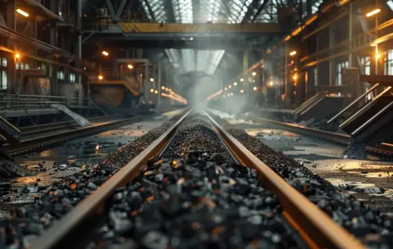 3D-рендер рельсов с углём в тёмном промышленном цехе