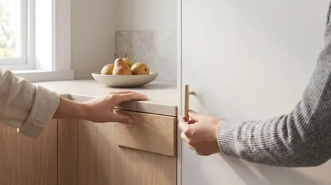 Руки открывают деревянные ящики на светлой кухне с вазой фруктов