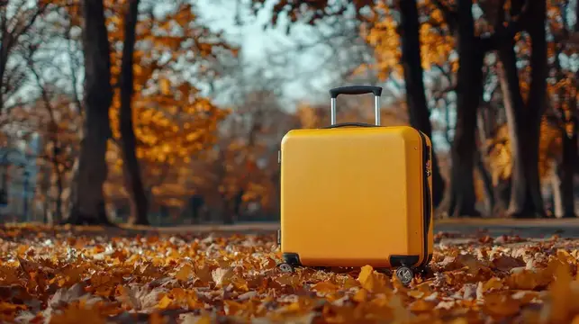 Желтый чемодан стоит на опавших листьях в осеннем парке