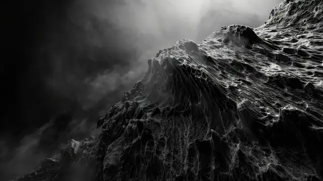3D-рендер мрачного скалистого хребта в тумане