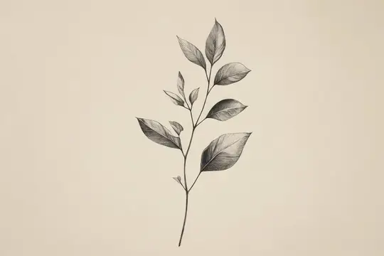 Карандашный рисунок ветки с листьями на бежевом фоне