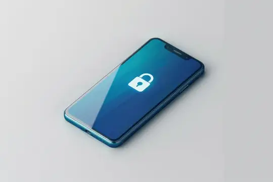 Элегантный смартфон со значком замка, подчеркивающий важность кибербезопасности на плавном голубом градиентном фоне