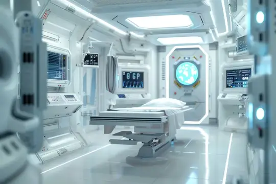 3D-рендер футуристической медицинской палаты с кушеткой и приборами