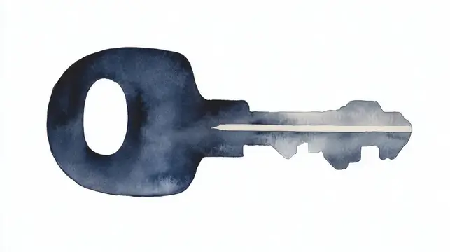 Акварельная иллюстрация старинного ключа в синих тонах