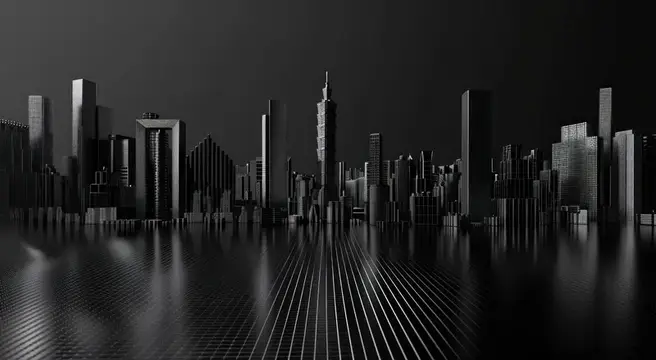 3D-рендер ночного города с небоскрёбами и отражениями на мокром асфальте